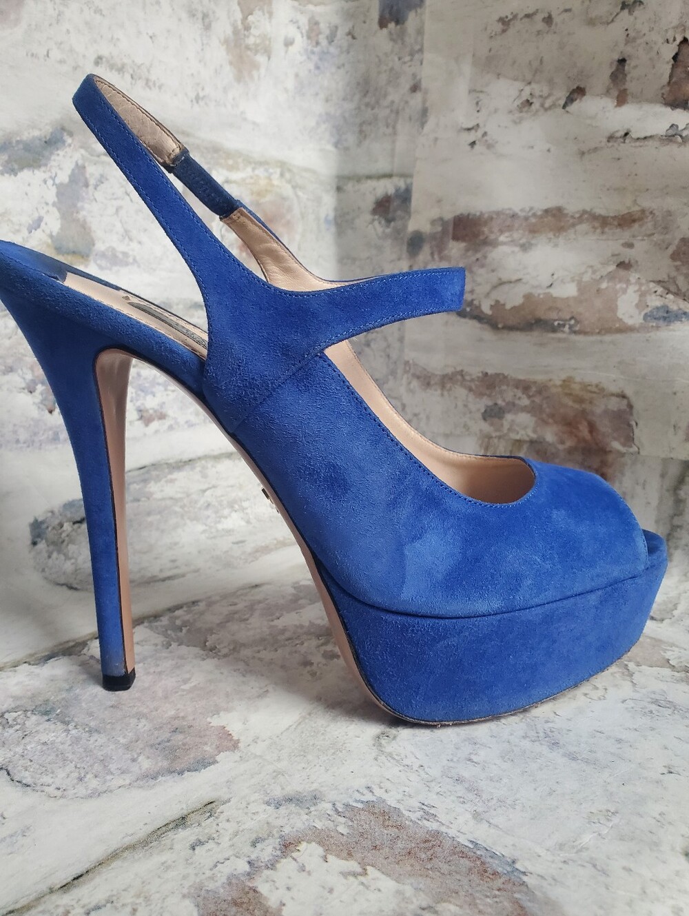 PRADA Cobalt Blue Suede Platform Peep-Toe Slingback Heels Size 40 - Picture 3 of 16